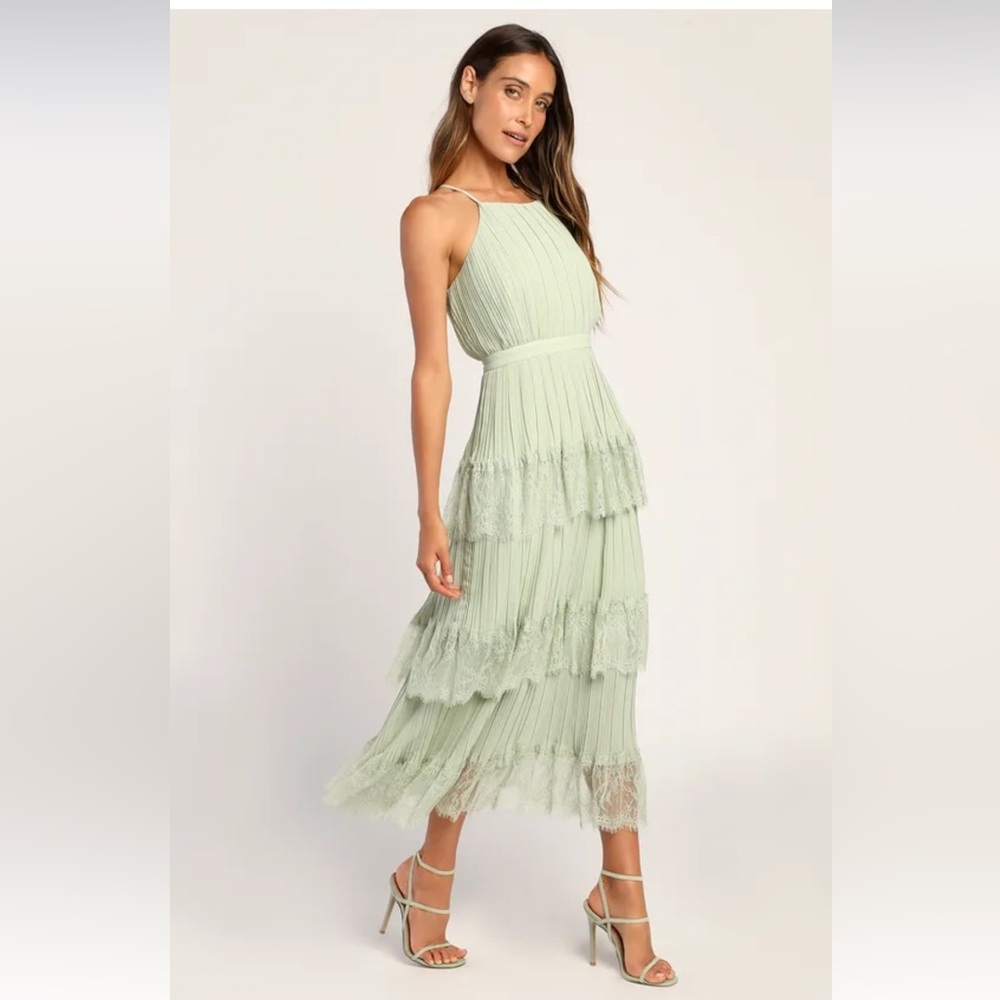Lulu's Sage Green Tiered Pleated Midi Dress currently sold out in this size - Picture 4 of 9